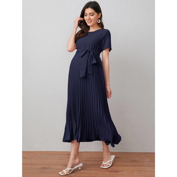 Maternity Self Belted Pleated Dress - Picture 4 of 8